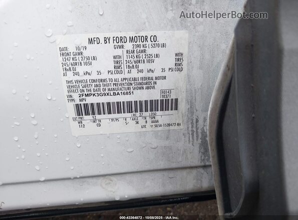2FMPK3G9XLBA16851 2020 FORD EDGE White ძრავის განყოფილების ხედი