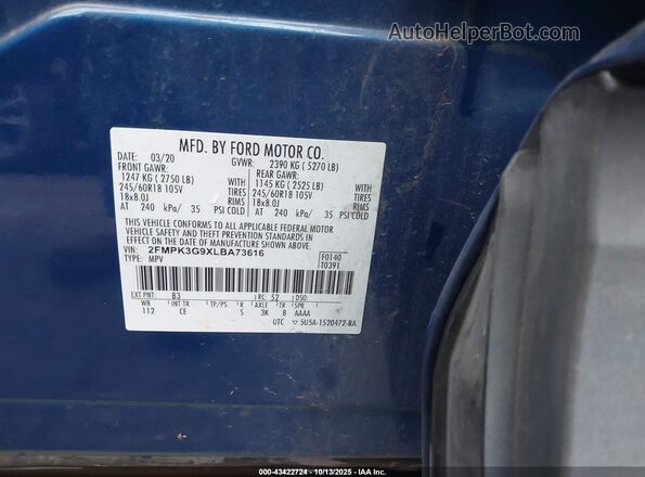 2FMPK3G9XLBA73616 2020 FORD EDGE Blue ძრავის განყოფილების ხედი
