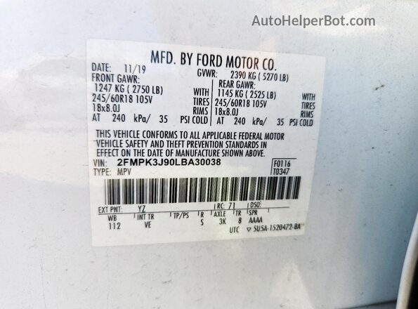 2FMPK3J90LBA30038 2020 FORD EDGE White Vista de la etiqueta del VIN