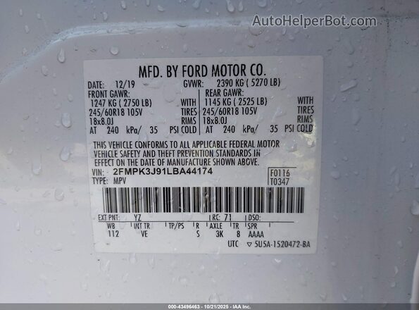 2FMPK3J91LBA44174 2020 FORD EDGE White Widok komory silnika