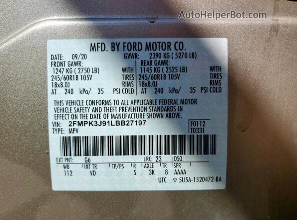 2FMPK3J91LBB27197 2020 FORD EDGE Gold Widok naklejki z numerem VIN