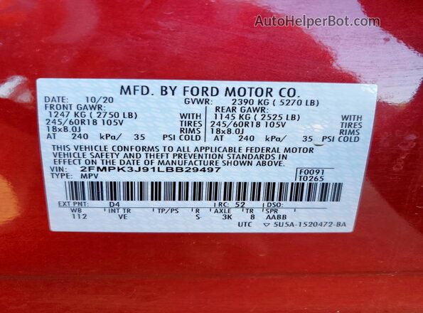 2FMPK3J91LBB29497 2020 FORD EDGE Red Widok naklejki z numerem VIN