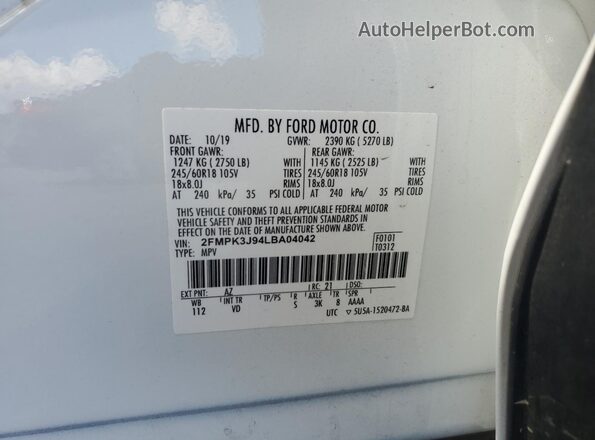 2FMPK3J94LBA04042 2020 FORD EDGE White VIN կոդի պիտակի տեսք