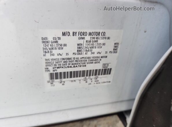 2FMPK3J94LBA78108 2020 FORD EDGE White Widok naklejki z numerem VIN