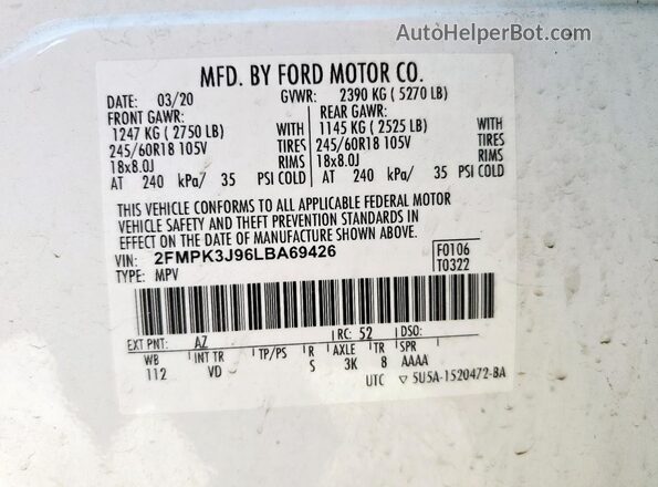 2FMPK3J96LBA69426 2020 FORD EDGE White VIN კოდის სტიკერის ხედი