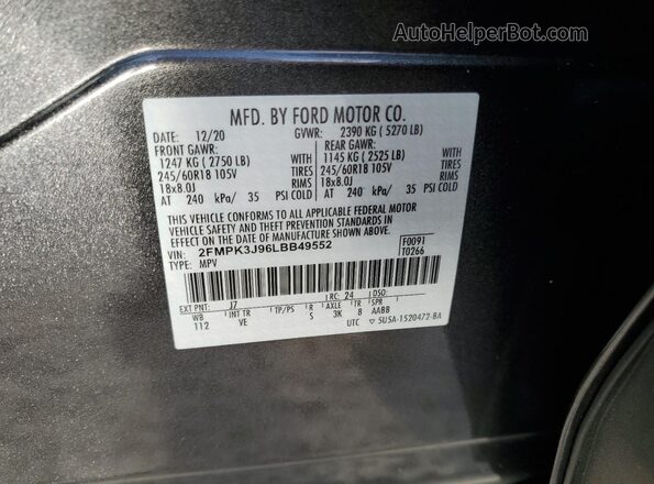 2FMPK3J96LBB49552 2020 FORD EDGE Gray Вид наклейки з VIN-кодом