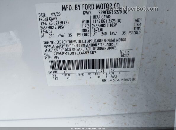 2FMPK3J97LBA57687 2020 FORD EDGE White Engine compartment view