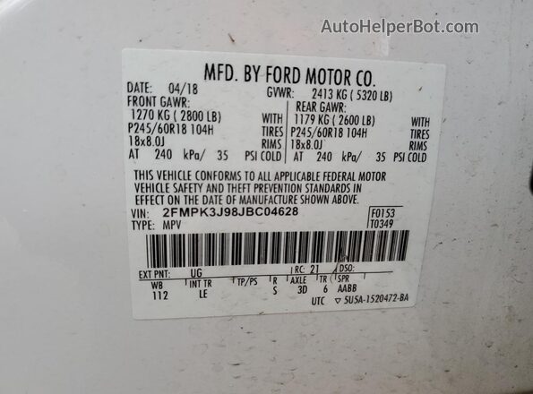 2FMPK3J98JBC04628 2018 FORD EDGE Белый 