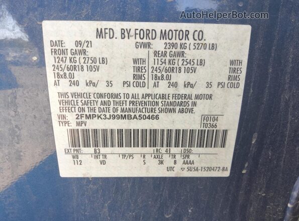 2FMPK3J99MBA50466 2021 FORD EDGE Blue 