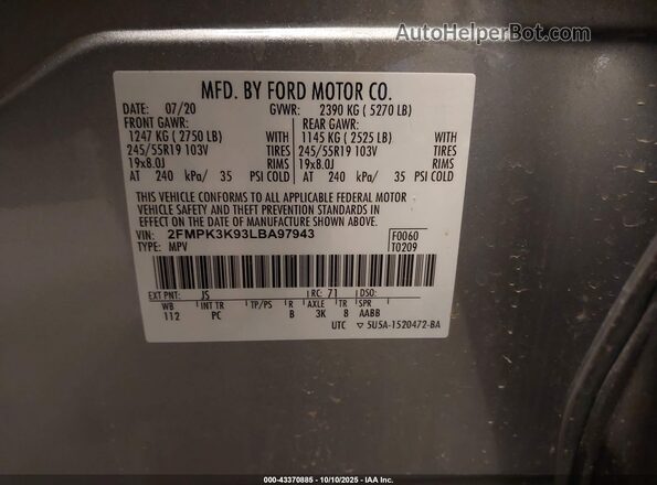 2FMPK3K93LBA97943 2020 FORD EDGE Silver Engine compartment view