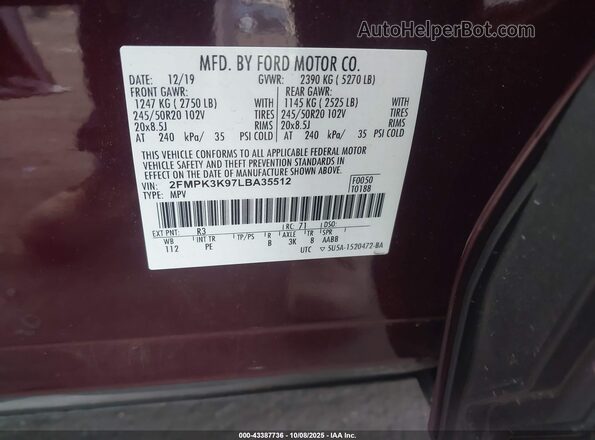2FMPK3K97LBA35512 2020 FORD EDGE Burgundy ძრავის განყოფილების ხედი