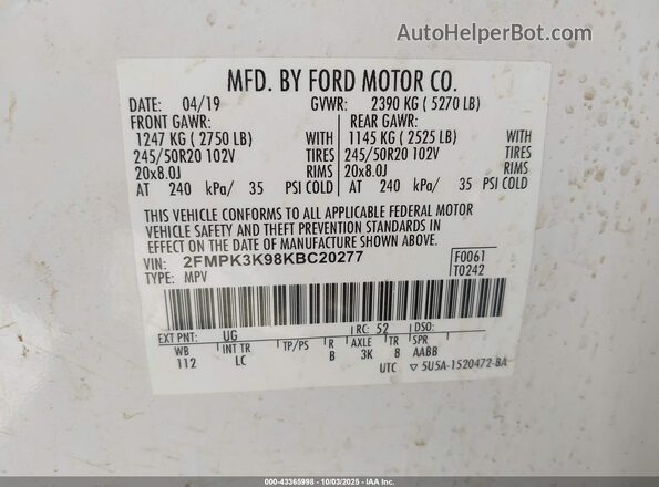 2FMPK3K98KBC20277 2019 FORD EDGE White Вид підкапотного простору
