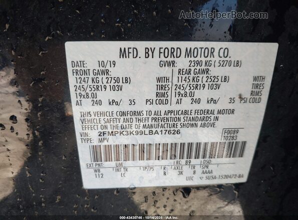 2FMPK3K99LBA17626 2020 FORD EDGE Black ძრავის განყოფილების ხედი