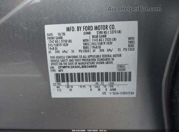 2FMPK3K9XLBB34860 2020 FORD EDGE Gray ძრავის განყოფილების ხედი