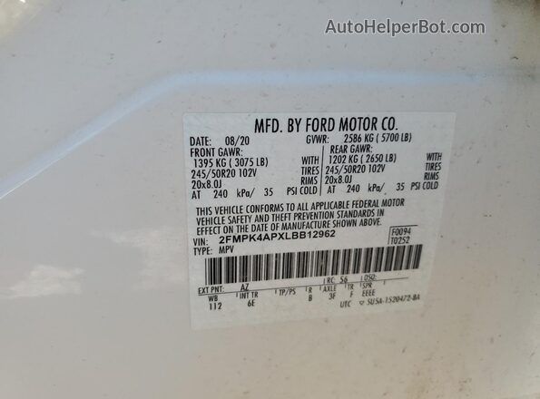 2FMPK4APXLBB12962 2020 FORD EDGE White VIN კოდის სტიკერის ხედი