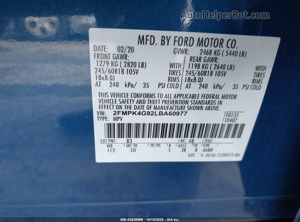 2FMPK4G92LBA60977 2020 FORD EDGE Blue ძრავის განყოფილების ხედი