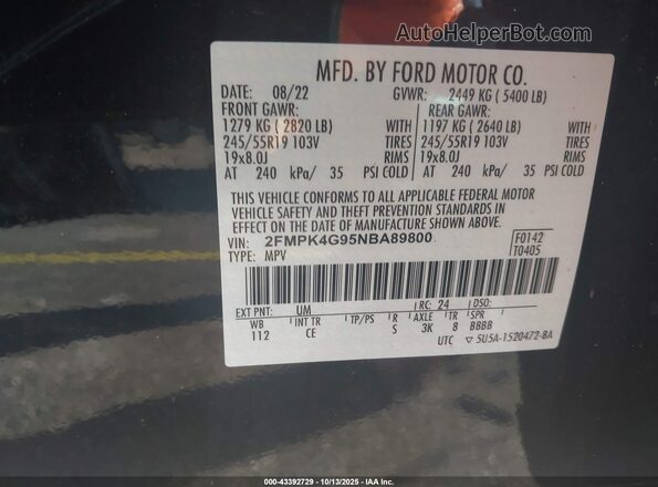 2FMPK4G95NBA89800 2022 FORD EDGE Black Вид підкапотного простору