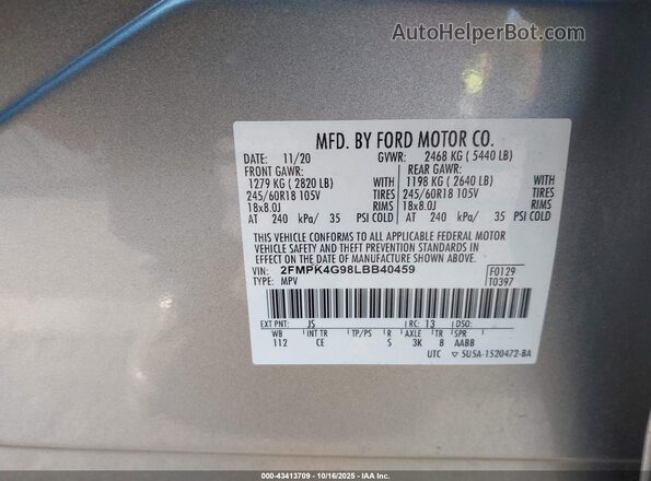 2FMPK4G98LBB40459 2020 FORD EDGE Silver Вид підкапотного простору
