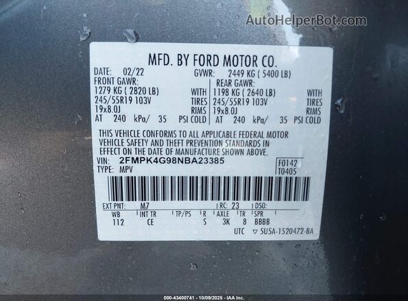 2FMPK4G98NBA23385 2022 FORD EDGE Gray Widok komory silnika