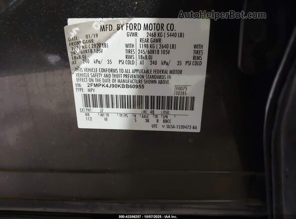 2FMPK4J90KBB60955 2019 FORD EDGE Gray Vista del compartimento del motor