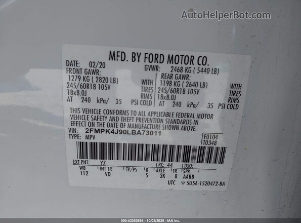 2FMPK4J90LBA73011 2020 FORD EDGE White ძრავის განყოფილების ხედი