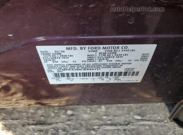 2FMPK4J90LBA84137 2020 FORD EDGE Burgundy VIN կոդի պիտակի տեսք
