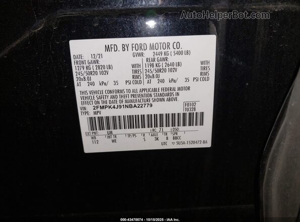 2FMPK4J91NBA22779 2022 FORD EDGE Black Vista del compartimento del motor