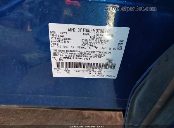2FMPK4J91PBA12434 2023 FORD EDGE Blue Engine compartment view