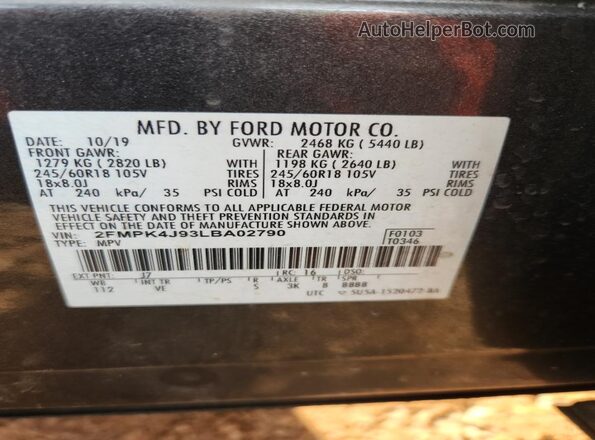 2FMPK4J93LBA02790 2020 FORD EDGE Gray VIN կոդի պիտակի տեսք
