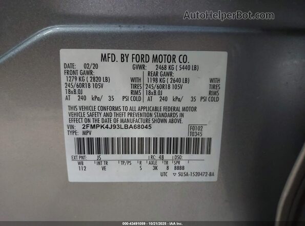 2FMPK4J93LBA68045 2020 FORD EDGE Серебряный Вид подкапотного пространства