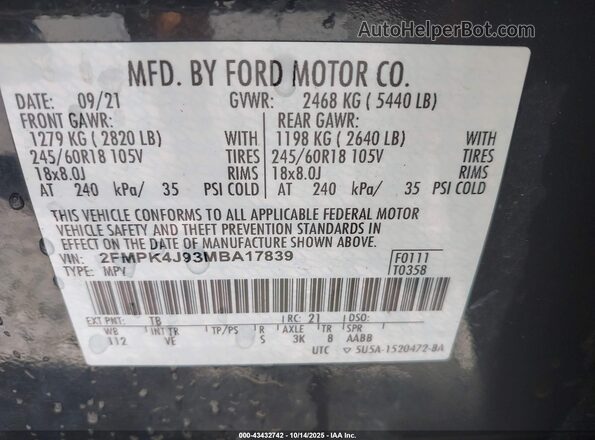 2FMPK4J93MBA17839 2021 FORD EDGE Gray 