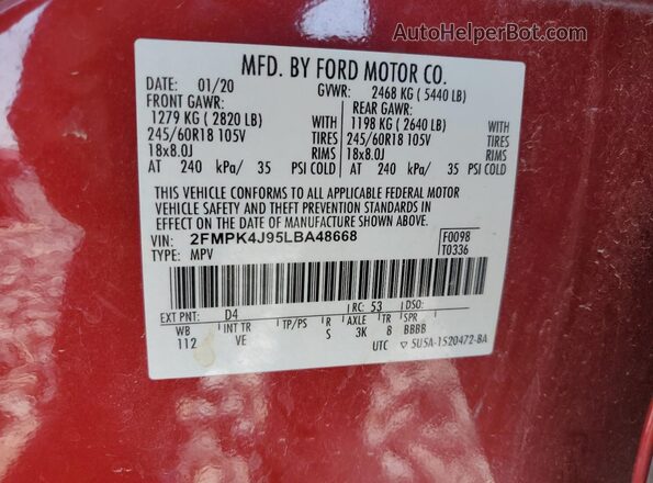 2FMPK4J95LBA48668 2020 FORD EDGE Red VIN კოდის სტიკერის ხედი