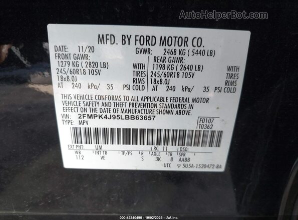 2FMPK4J95LBB63657 2020 FORD EDGE Black Vista del compartimento del motor