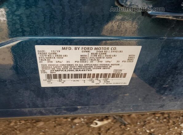 2FMPK4J98LBA49765 2020 FORD EDGE Teal VIN კოდის სტიკერის ხედი