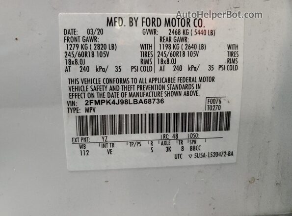 2FMPK4J98LBA68736 2020 FORD EDGE White Widok naklejki z numerem VIN