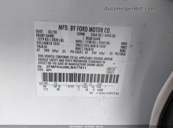 2FMPK4J98LBA77811 2020 FORD EDGE White ძრავის განყოფილების ხედი