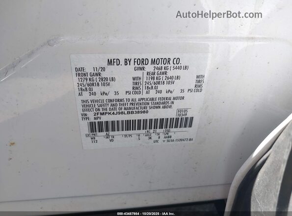 2FMPK4J98LBB38980 2020 FORD EDGE White Widok komory silnika