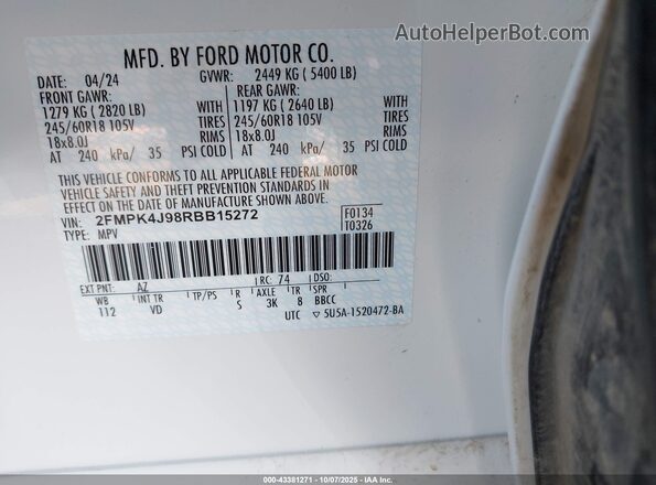 2FMPK4J98RBB15272 2024 FORD EDGE White Вид підкапотного простору