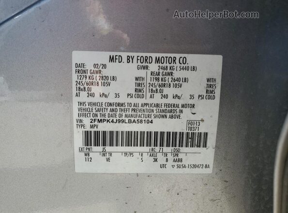 2FMPK4J99LBA58104 2020 FORD EDGE Silver VIN კოდის სტიკერის ხედი