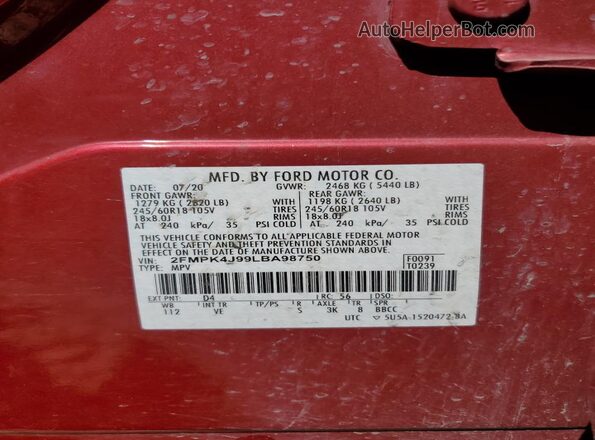 2FMPK4J99LBA98750 2020 FORD EDGE Red სალონის 360-გრადუსიანი ხედი