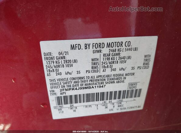 2FMPK4J99MBA11947 2021 FORD EDGE Red 
