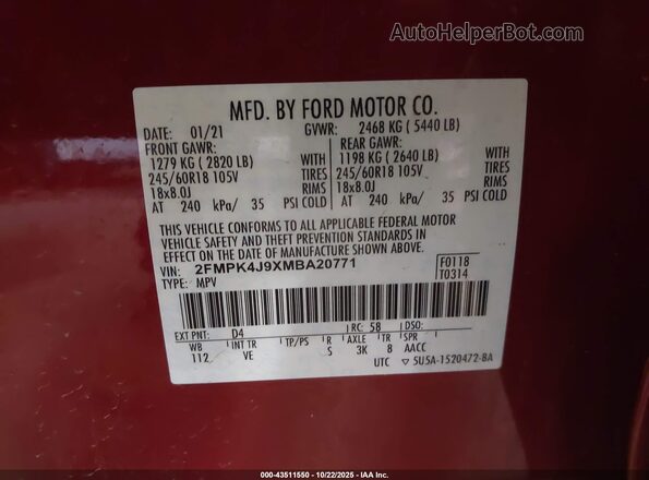 2FMPK4J9XMBA20771 2021 FORD EDGE Red 