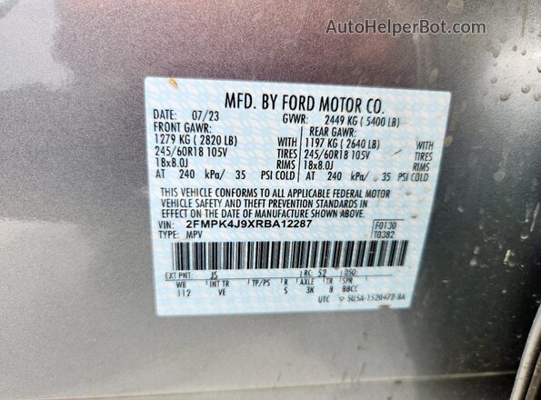 2FMPK4J9XRBA12287 2024 FORD EDGE Silver Вид наклейки з VIN-кодом