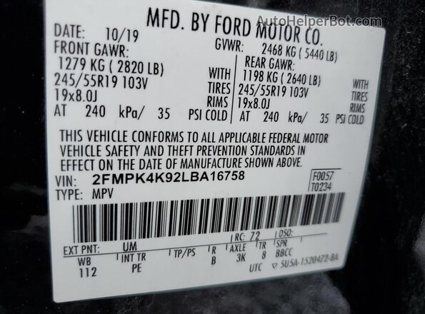 2FMPK4K92LBA16758 2020 FORD EDGE Черный Панорамный вид салона 360°