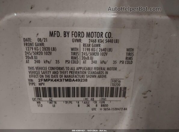 2FMPK4K97MBA49238 2021 FORD EDGE White Շարժիչի բաժամունքի տեսք