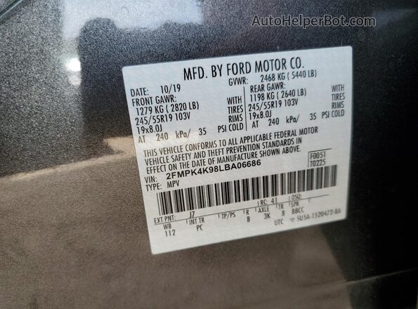 2FMPK4K98LBA06686 2020 FORD EDGE Gray VIN კოდის სტიკერის ხედი