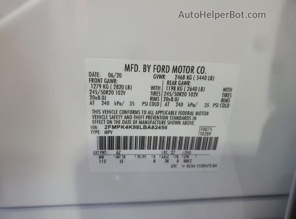 2FMPK4K98LBA82456 2020 FORD EDGE White 360 interior view