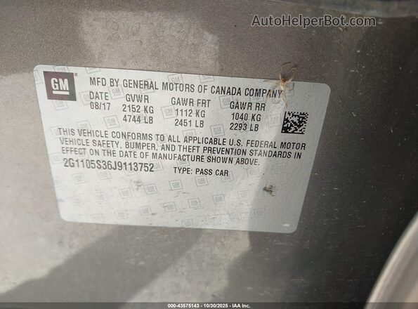 2G1105S36J9113752 2018 CHEVROLET IMPALA Beige 