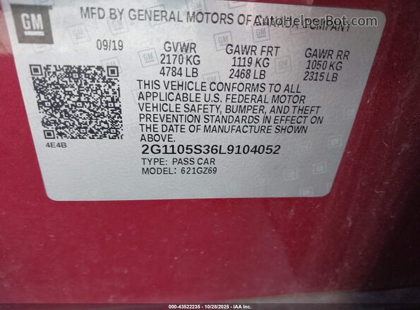 2G1105S36L9104052 2020 CHEVROLET IMPALA Красный Вид подкапотного пространства