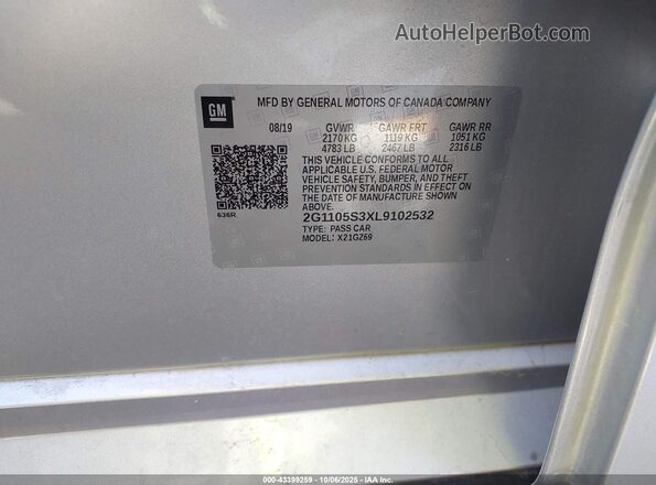 2G1105S3XL9102532 2020 CHEVROLET IMPALA Silver 
